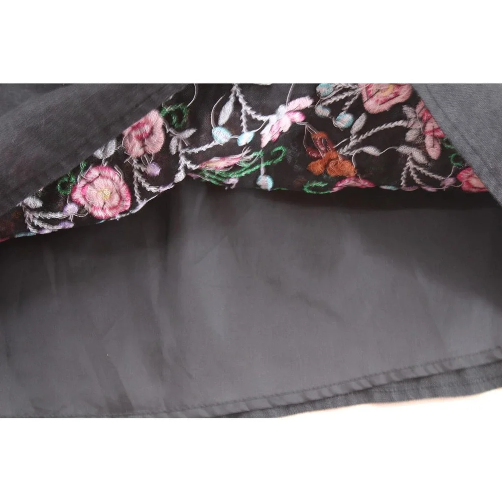 Carole Little Linen Skirt Wms 8 Black Floral‎ Embroidered Sequin A-Line Boho Y2K